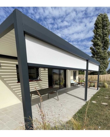 Store vertical pour pergola bioclimatique toile blanche Soltis Veozip, Soltis 92, motorisé ou manuel