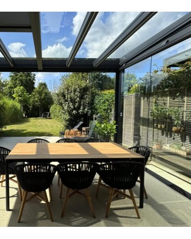 Pergola toiture plate en verre avec salle à manger
