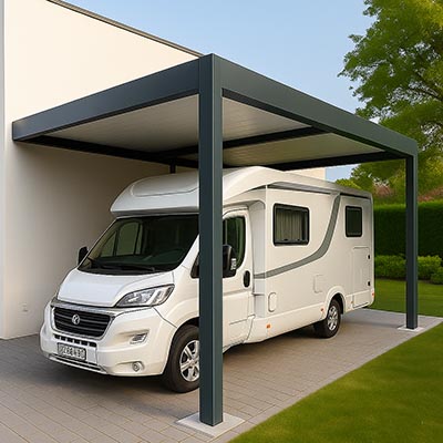 Carport aluminium gris et blanc pour camping-car