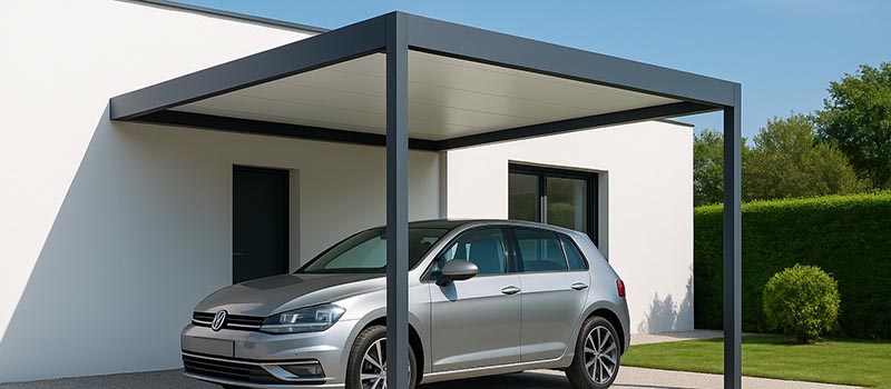 Carport aluminium gris et blanc adossé