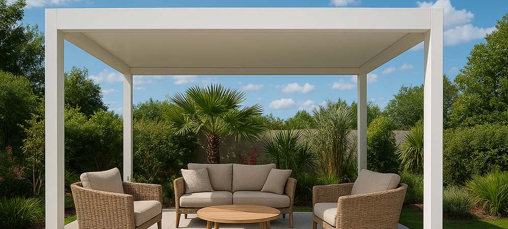 pergola blanche avec une toiture fixe en aluminium